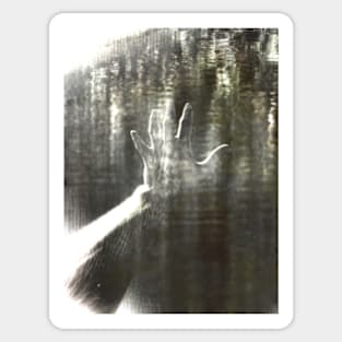 Digital collage, special processing. Reaching hand above water. Like pool. Very beautiful. Gray and green. Sticker